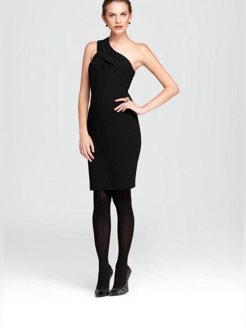 Tory Burch Ashlee One Shoulder Stretch Crepe Sheath Black Dress , sz : 4